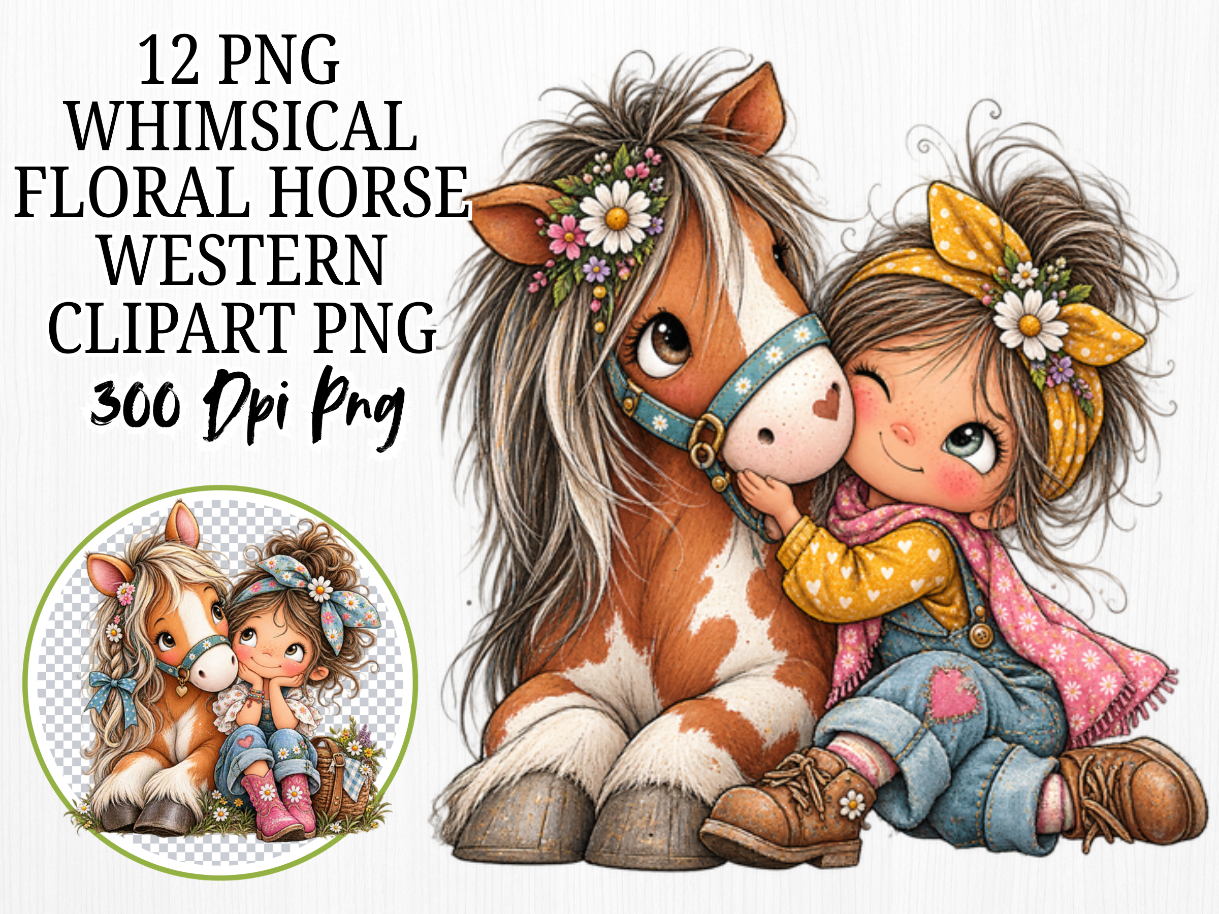 Whimsical Floral Horse Girl Clipart Bund
