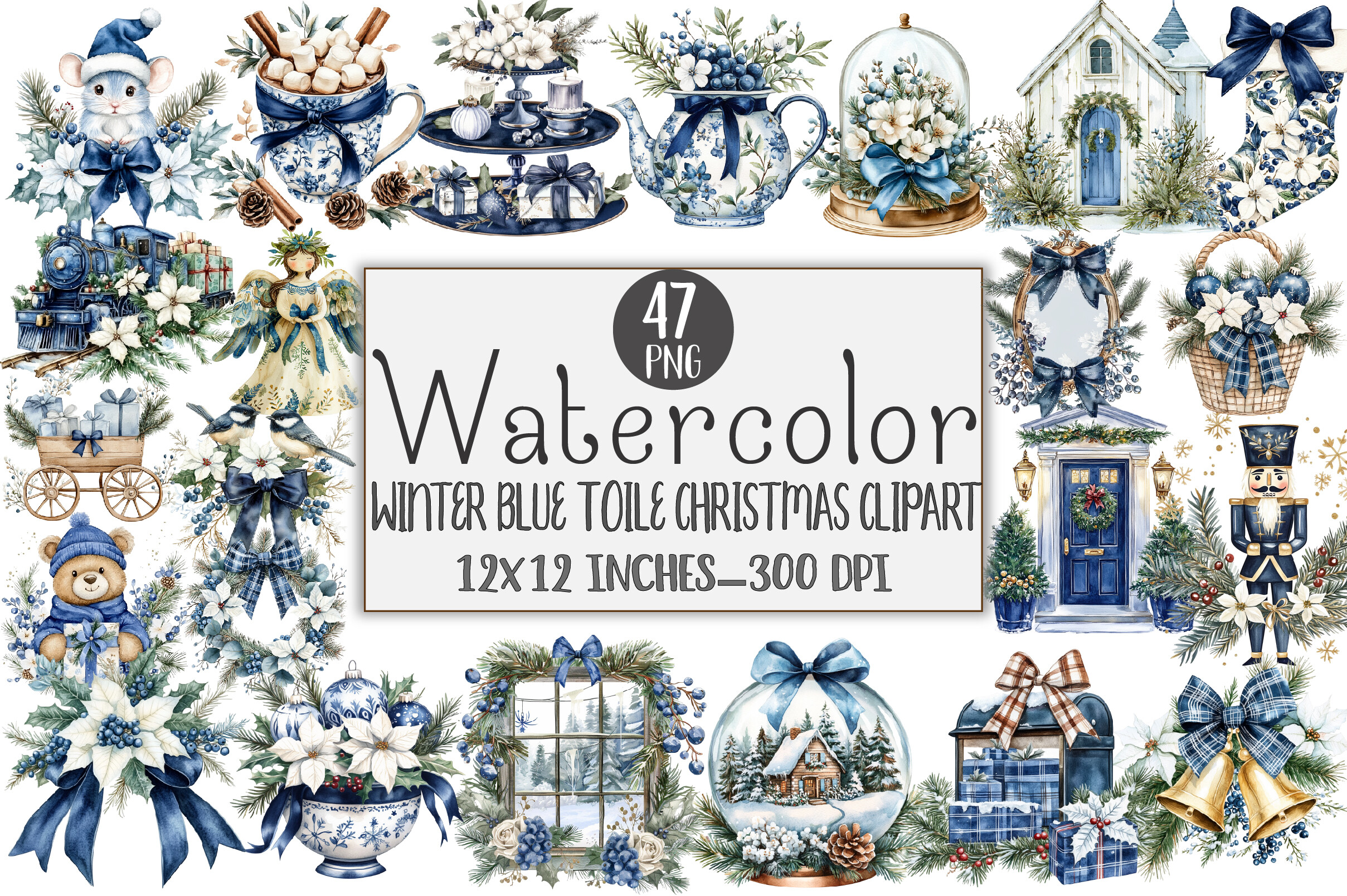 Winter Blue Toile Christmas Clipart