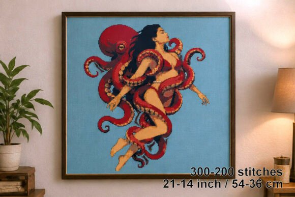 Women Embraced by Red Octopus Cross Stit