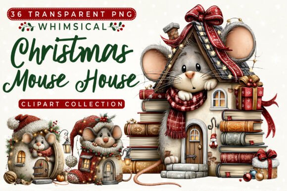 Whimsical Christmas Mouse House Clipart
