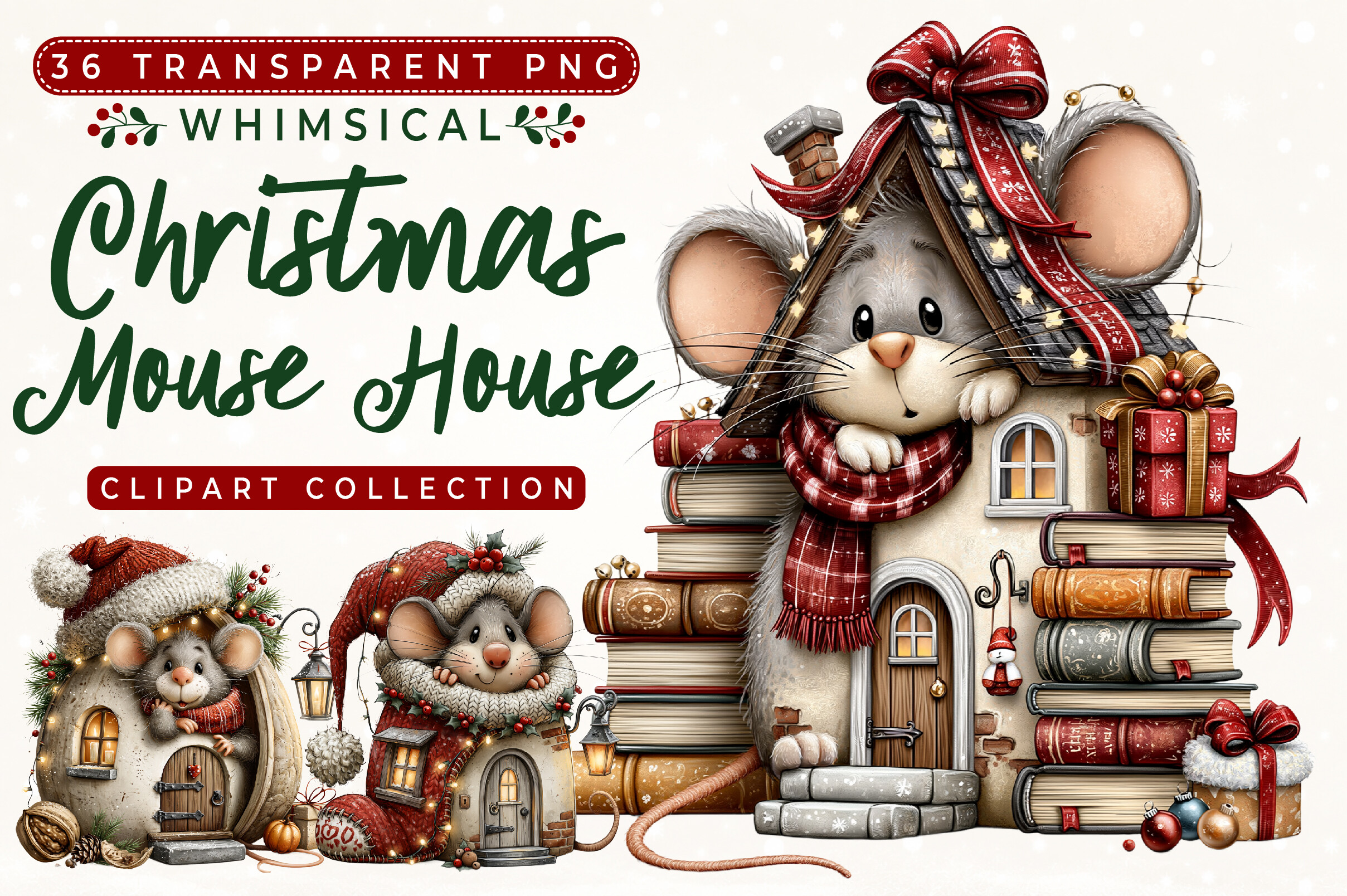Whimsical Christmas Mouse House Clipart