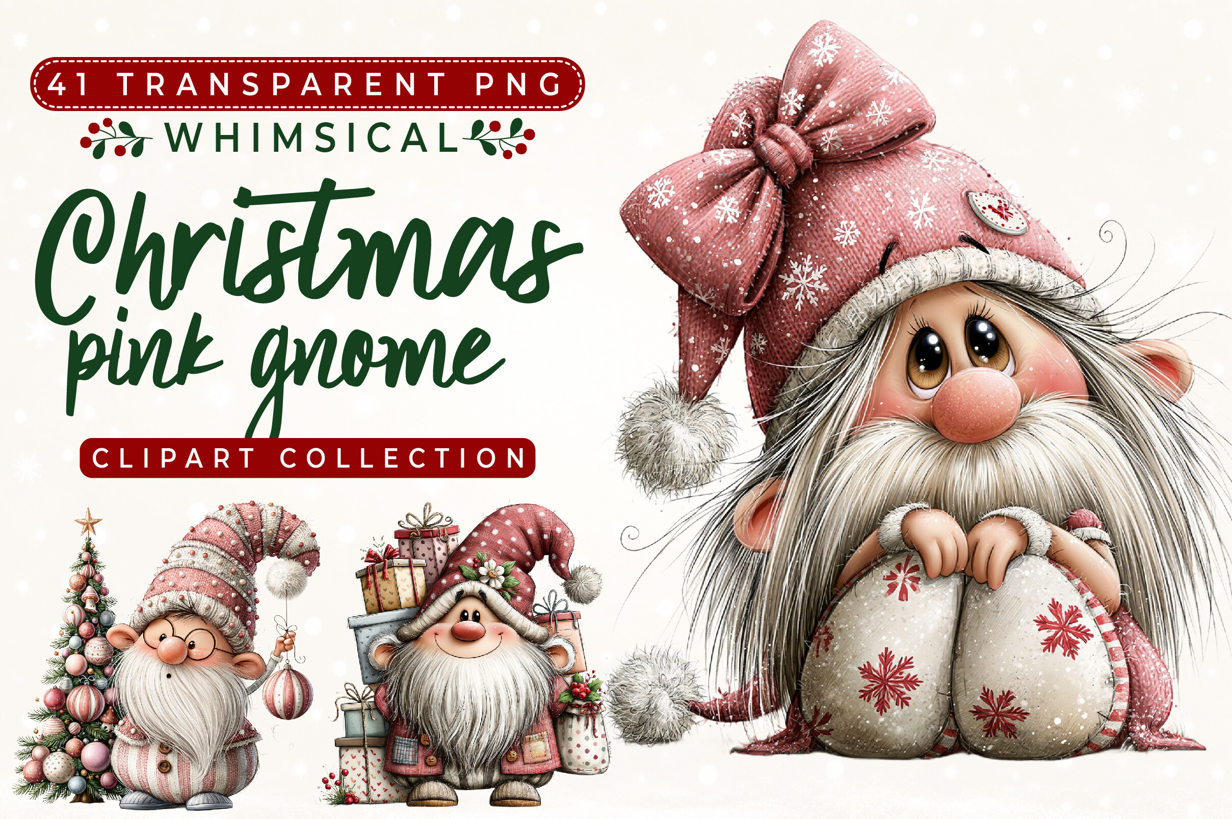 Whimsical Pink Christmas Gnome Clipart