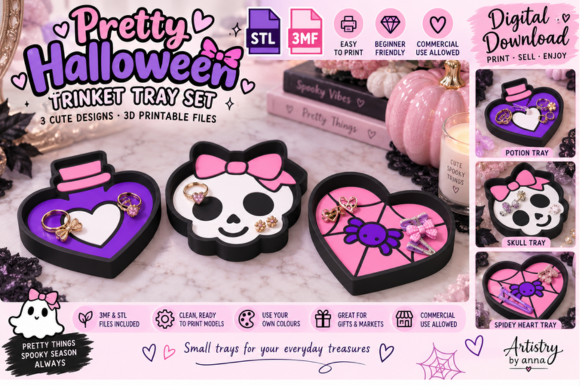 3 Halloween Trinket Trays 3MF – 3D Printable Potion, Skull & Spidey Heart Set - Image 6