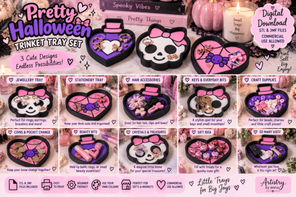 3 Halloween Trinket Trays 3MF – 3D Printable Potion, Skull & Spidey Heart Set - Image 2