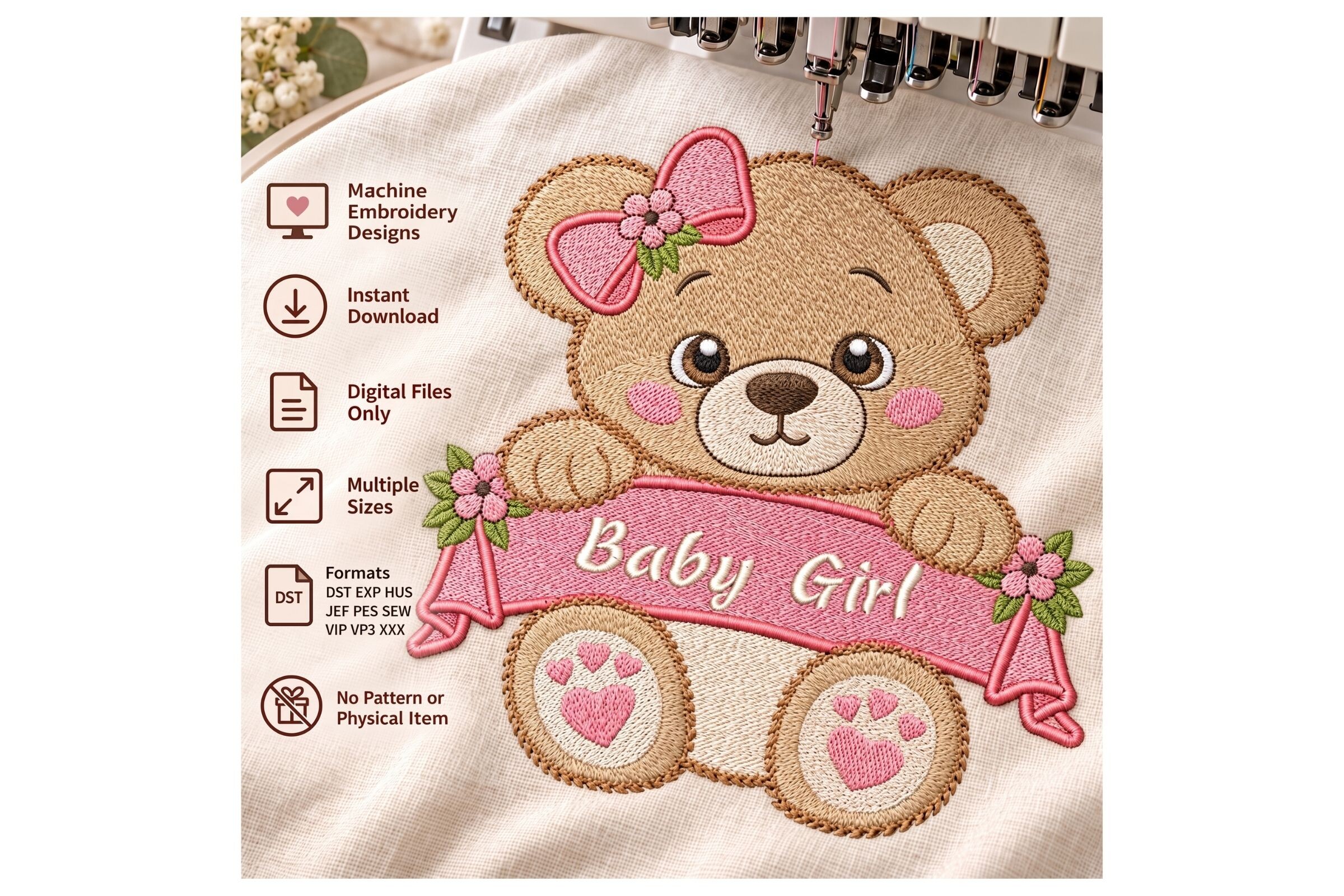 Baby Girl Teddy Bear Floral Banner