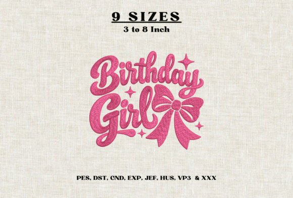 Birthday Girl Bow Embroidery Design DST