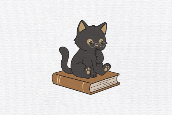 Black Cat on Book Embroidery Design
