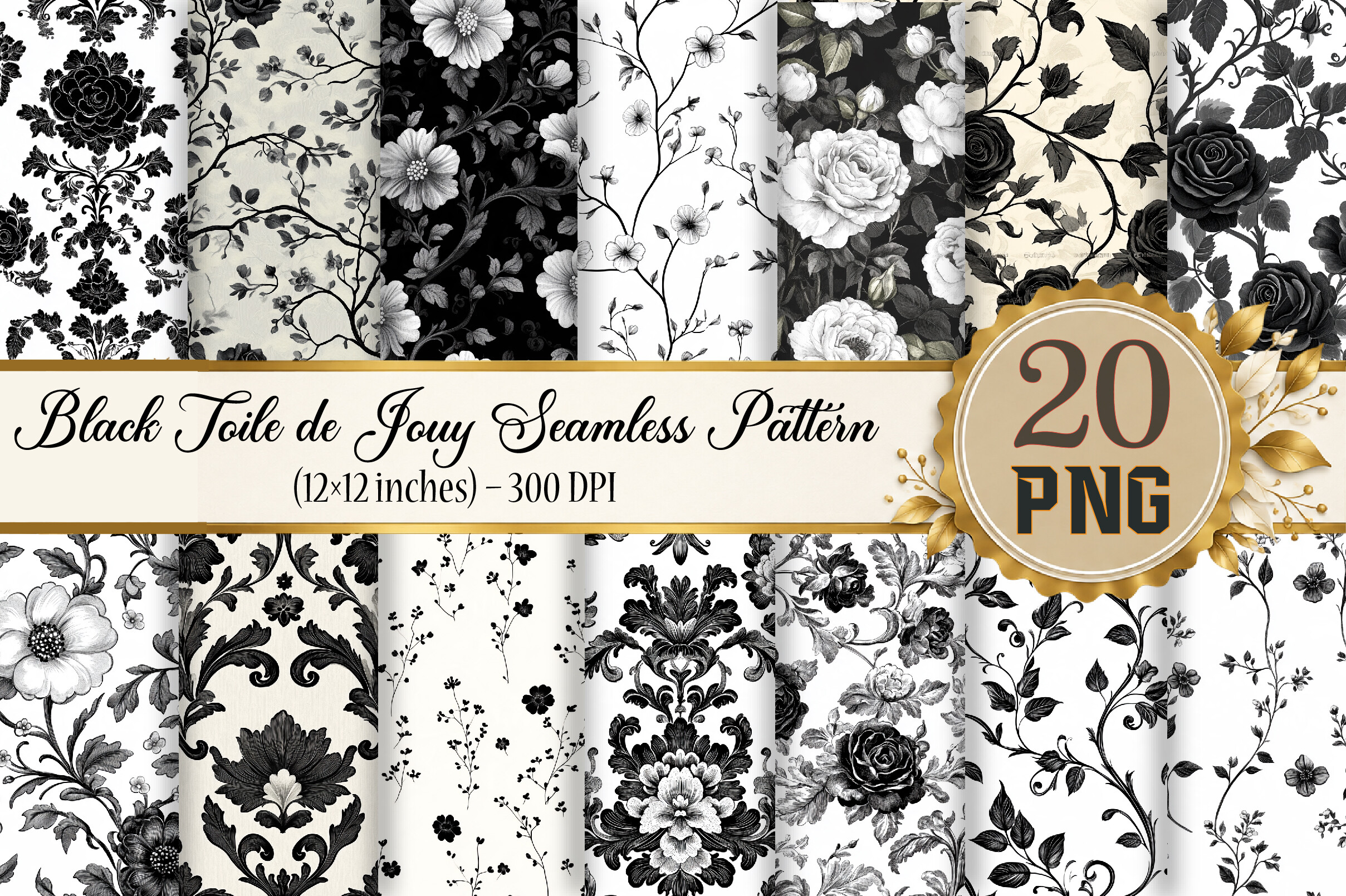 Black Toile De Jouy Seamless Pattern