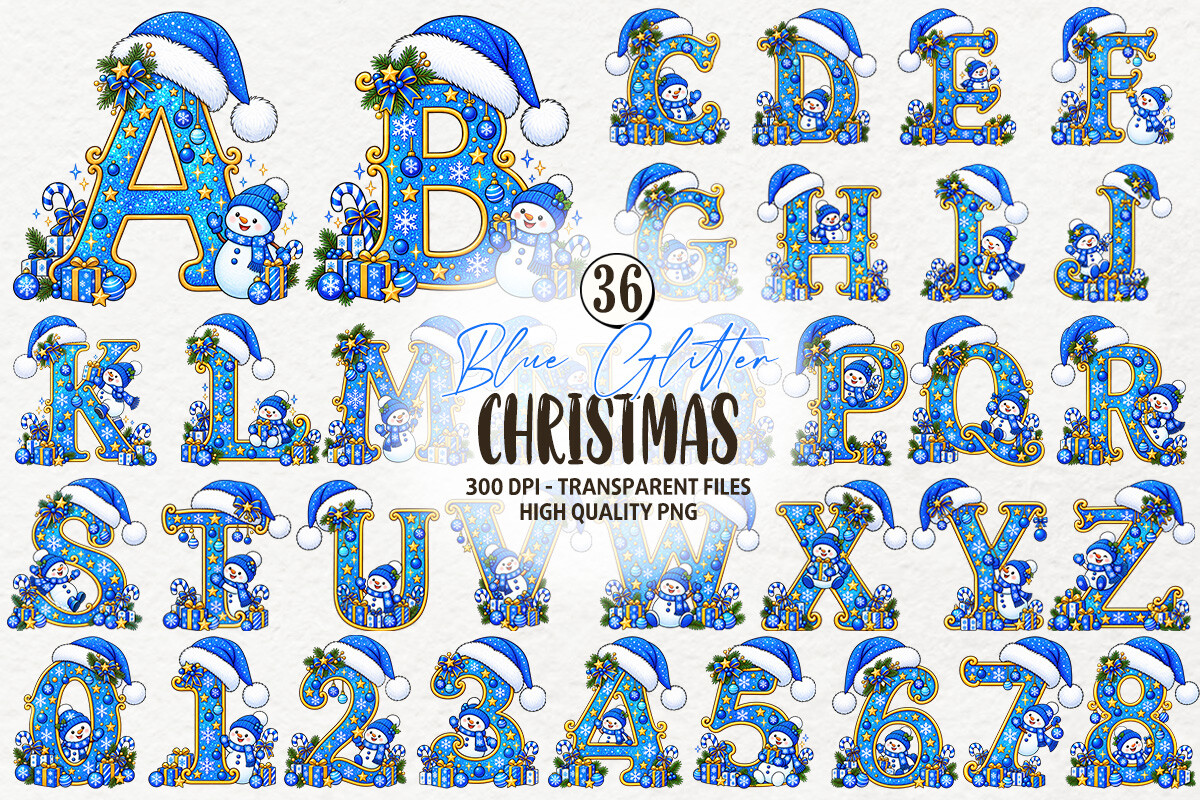 Blue Glitter Christmas Alphabet Clipart