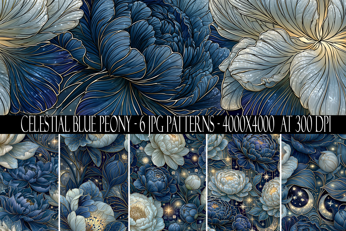 Celestial Blue Peony Seamless Patterns