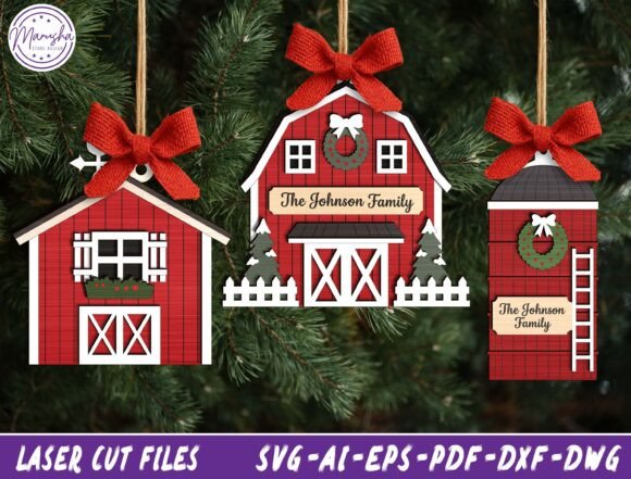 Christmas Barn Ornament SVG Bundle laser cut file