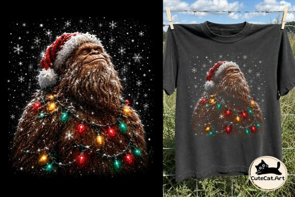 Christmas Bigfoot Lights Santa Hat PNG Grafika Projekty Koszulek Przez Cutecat.art