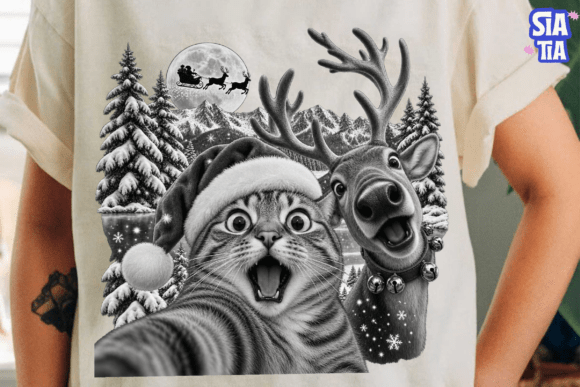 Christmas Cat Reindeer PNG Sublimation D Graphic T-shirt Designs By siatia
