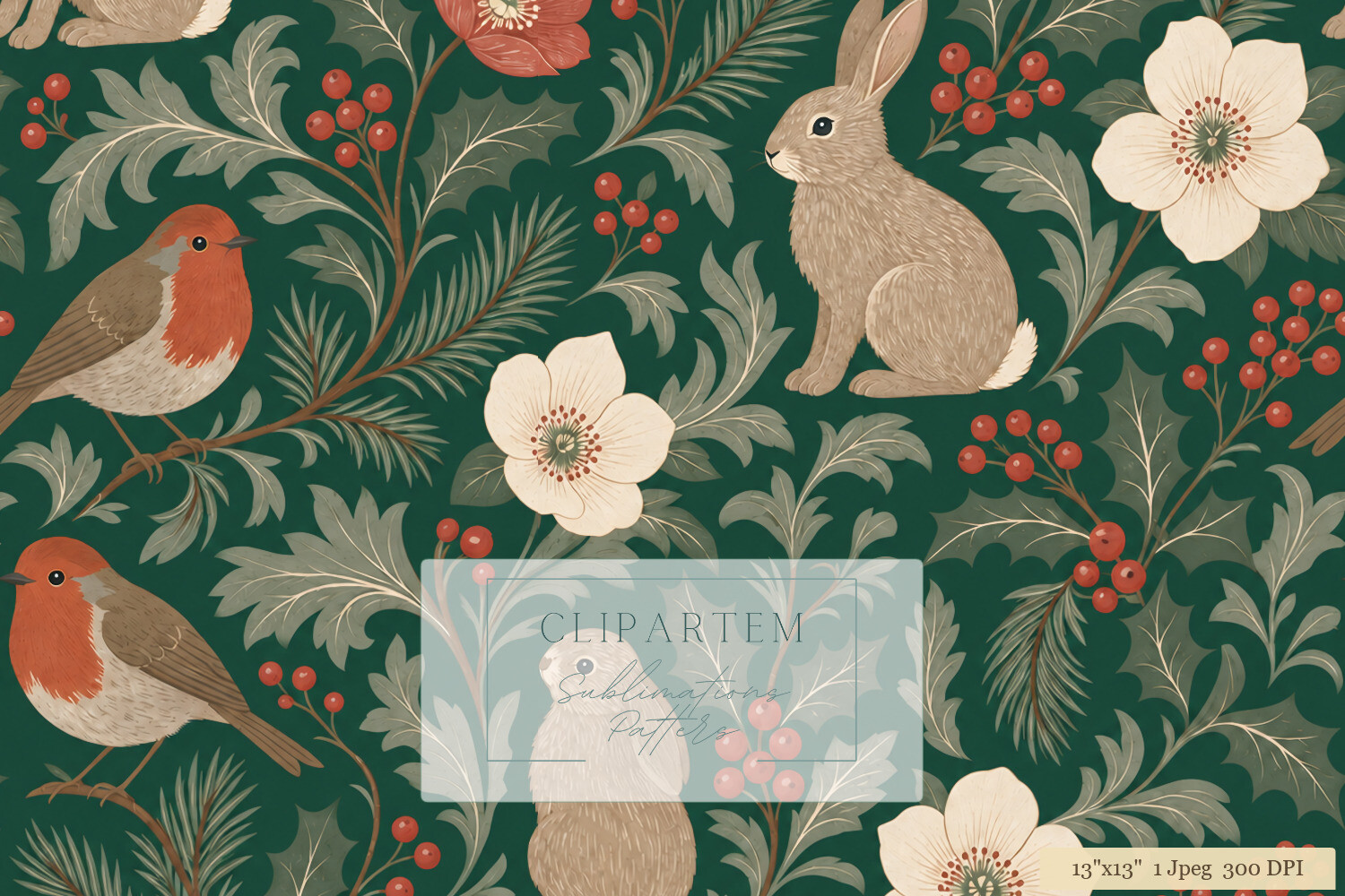 Christmas Robin Rabbit Floral Pattern