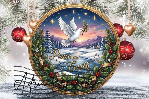 Christmas Dove Ornament, Round Door Sign