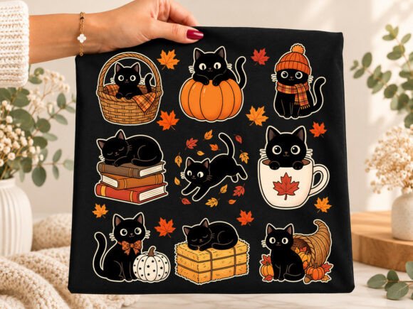 Cute Black Cat Fall Halloween PNG