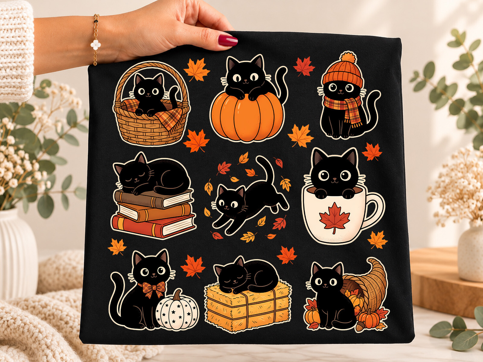 Cute Black Cat Fall Halloween PNG