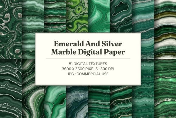 Emerald and Silver Marble Digital Paper