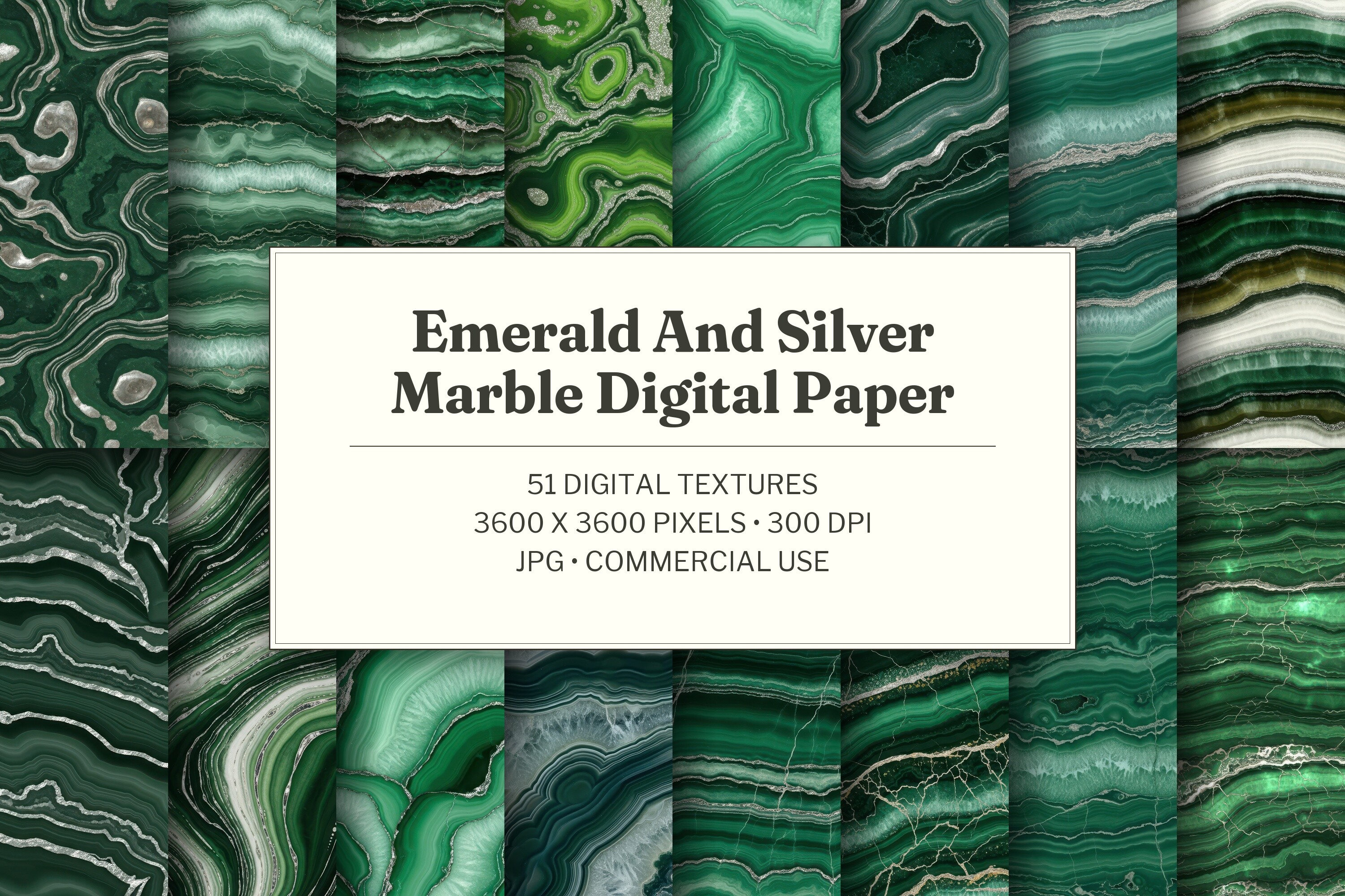 Emerald and Silver Marble Digital Paper