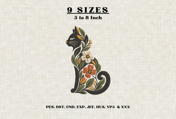 Floral Cat Embroidery Design Botanical
