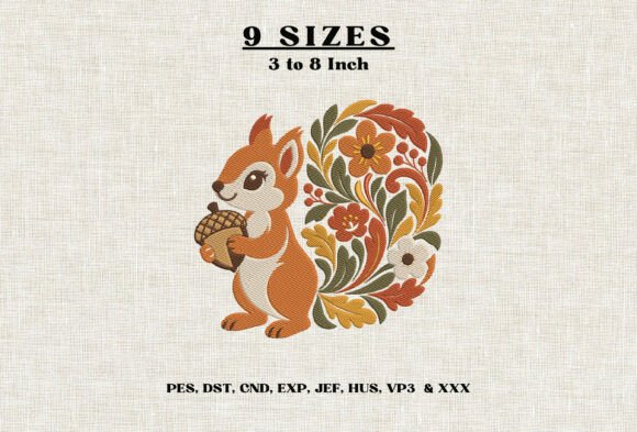 Floral Squirrel Embroidery Design DST