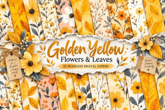 Golden Yellow Flowers & Leaves Pattern