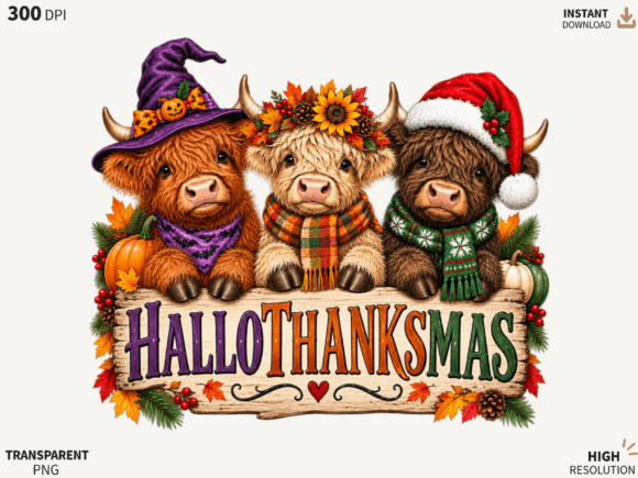 Hallothanksmas Highland Cow PNG, Holiday