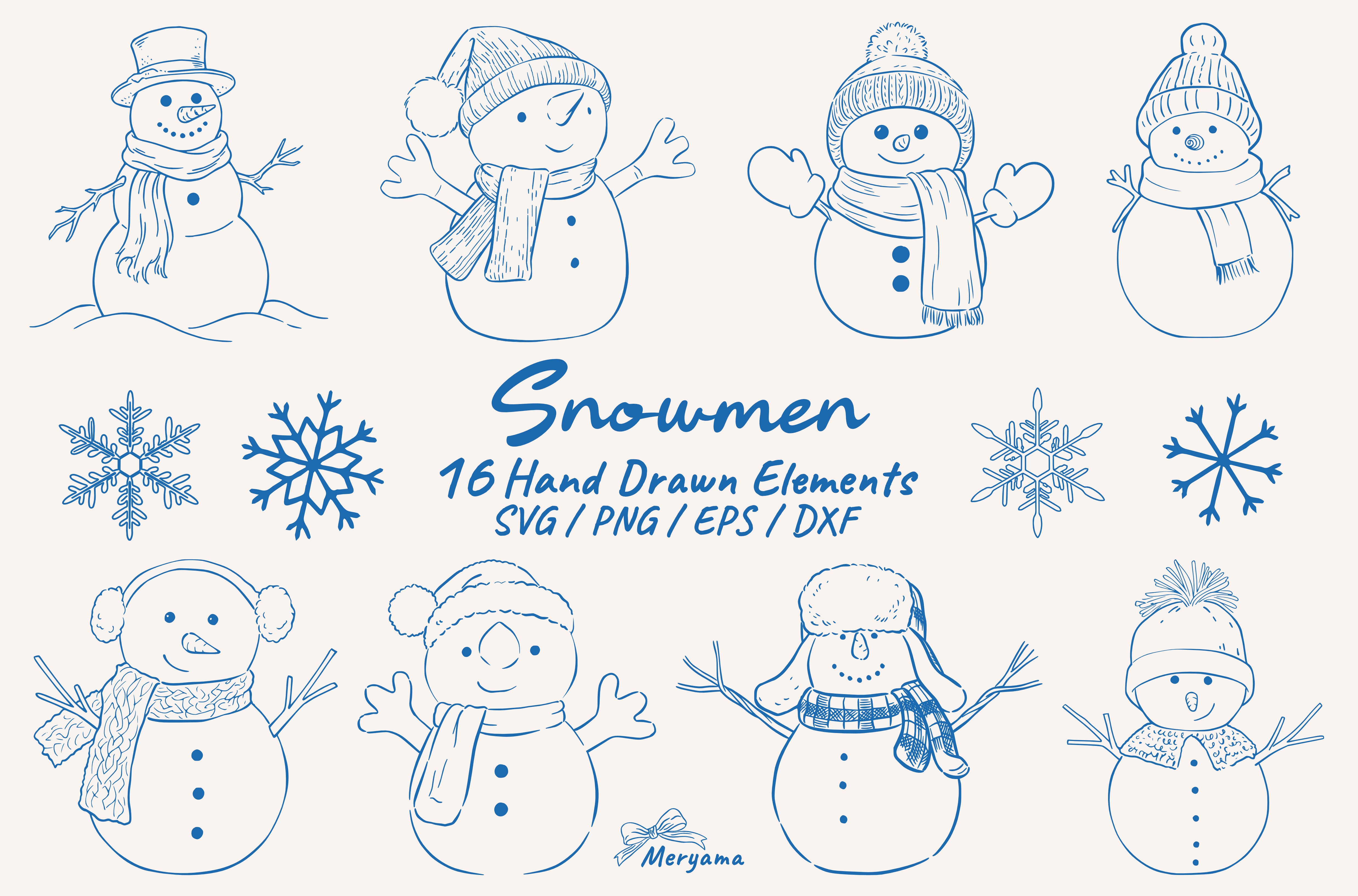 Hand Drawn Snowmen Winter Clipart Set SVG file