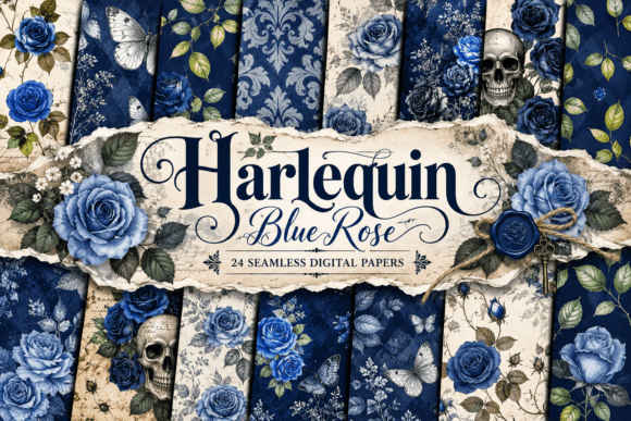 Harlequin Blue Rose Digital Pattern