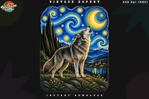 Howling Wolf Crescent Moon PNG Graphic Illustrations By Vintage Expert