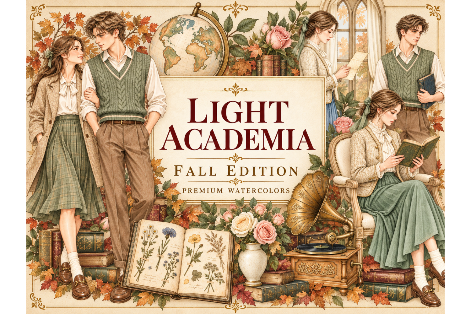 Light Academia Fall Watercolor Clipart