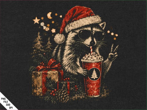 Raccoon Santa Sunglasses Christmas PNG