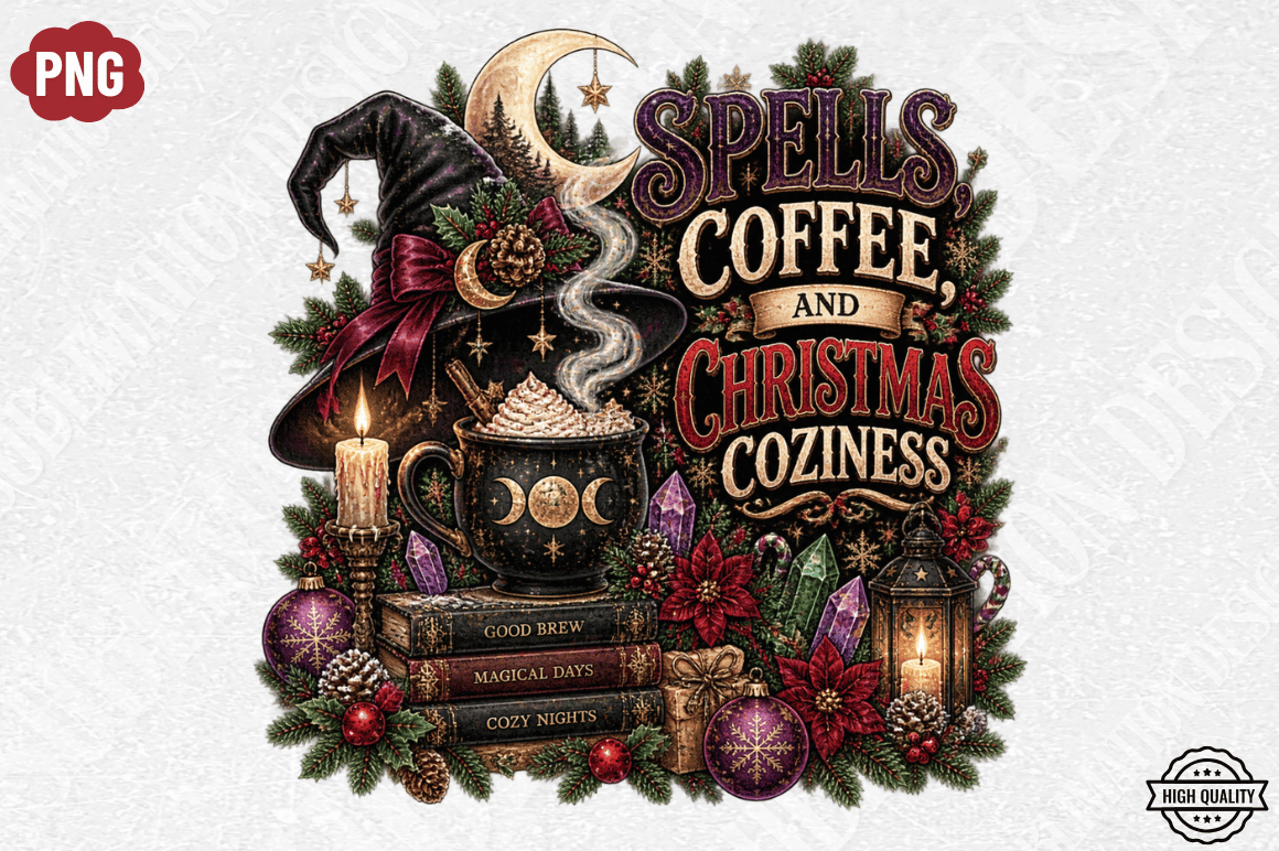 Spells Coffee Christmas Coziness PNG Des