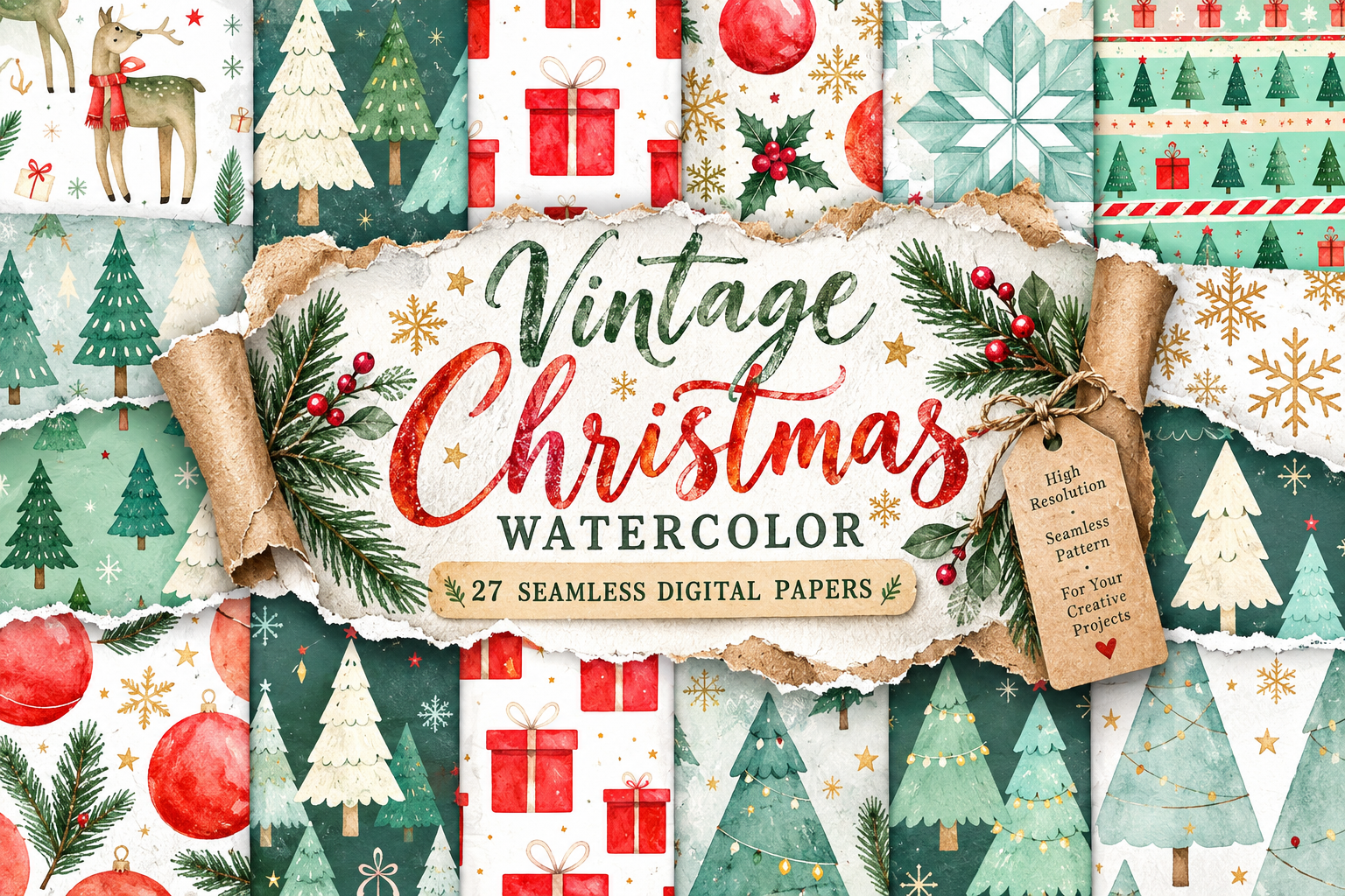 Vintage Christmas Watercolor Pattern