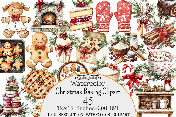 Watercolor Christmas Baking Clipart