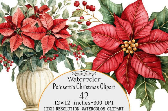 Watercolor Poinsettia Christmas Clipart