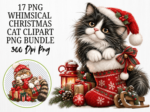 Whimsical Christmas Cat Clipart Bundle,