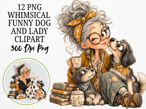 Whimsical Dog Lady Clipart Bundle, Funny