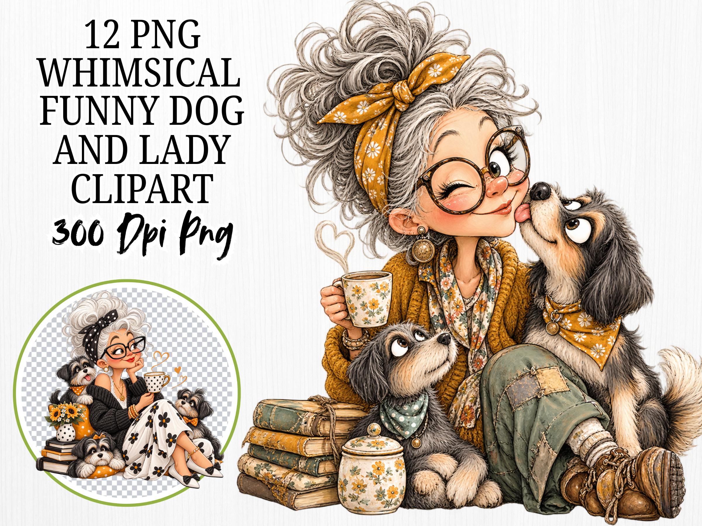 Whimsical Dog Lady Clipart Bundle, Funny