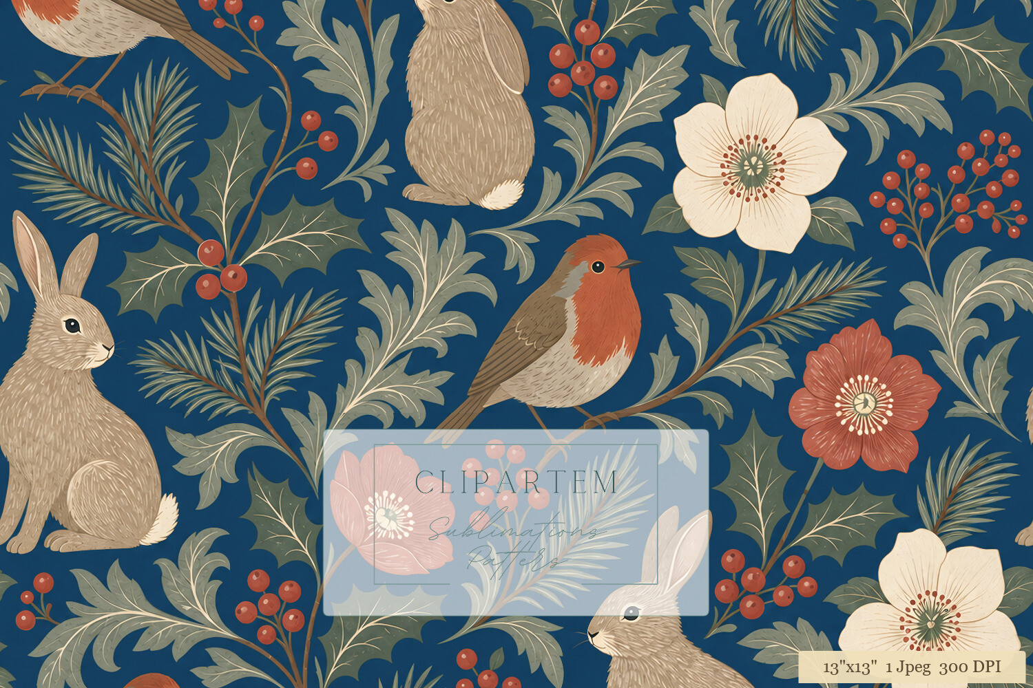 Winter Robin Rabbit Botanical Pattern