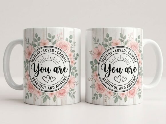 You Are Worthy Loved Floral Mug Design Graphics