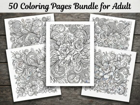 50 Floral Ornament Coloring Pages Bundle