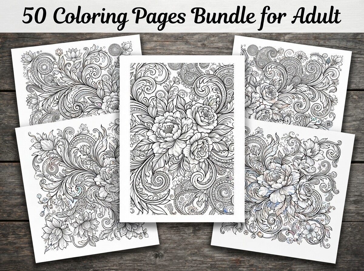 50 Floral Ornament Coloring Pages Bundle