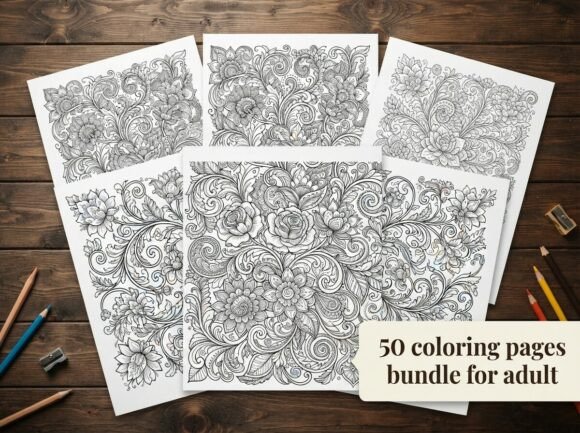 50 Floral Ornament Coloring Pages Bundle