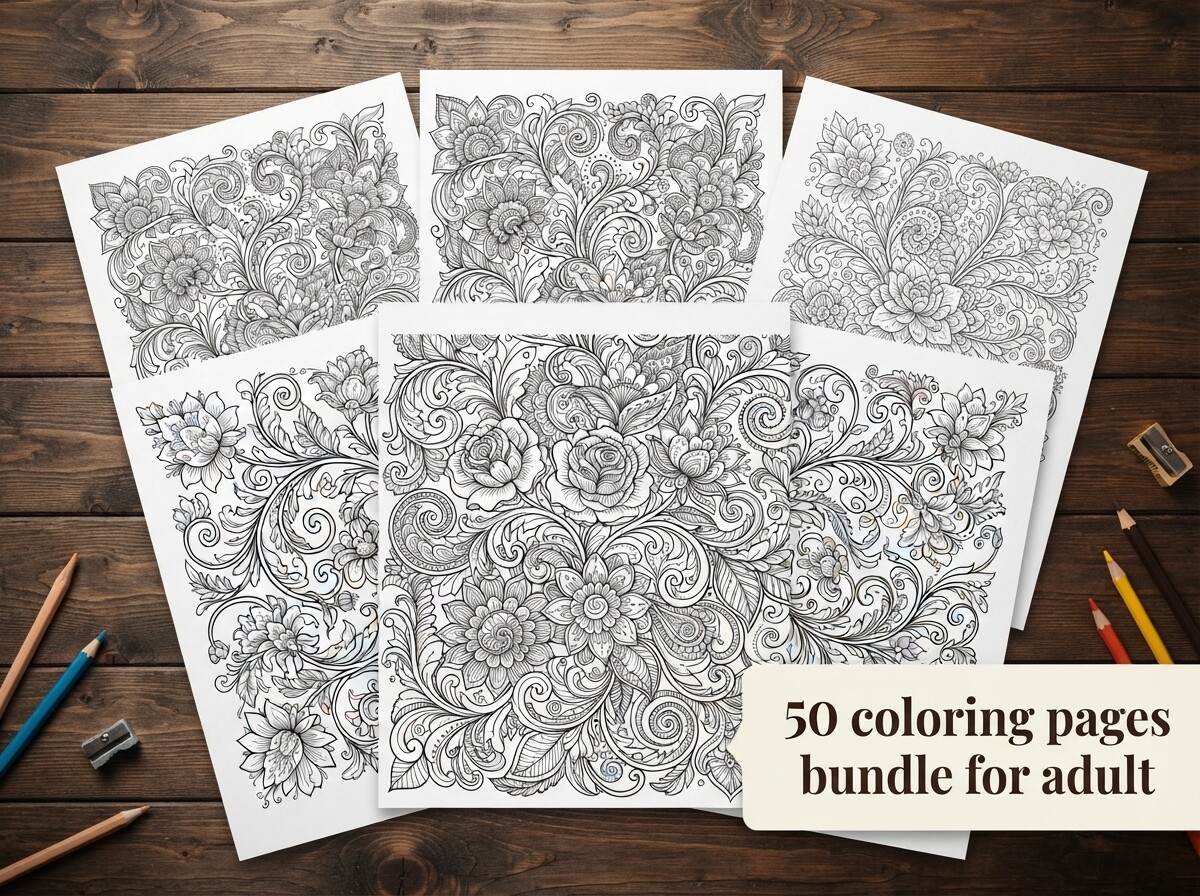 50 Floral Ornament Coloring Pages Bundle