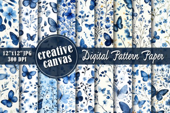 Blue Butterfly Floral Digital Paper
