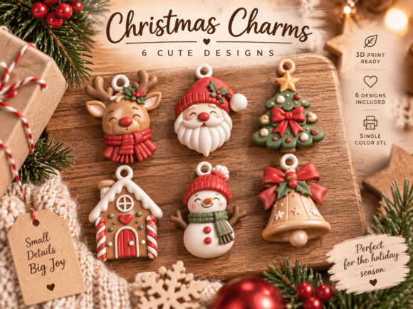 Christmas Charms Bundle STL – 6 Holiday 3D Print Ornament Files - Image 1