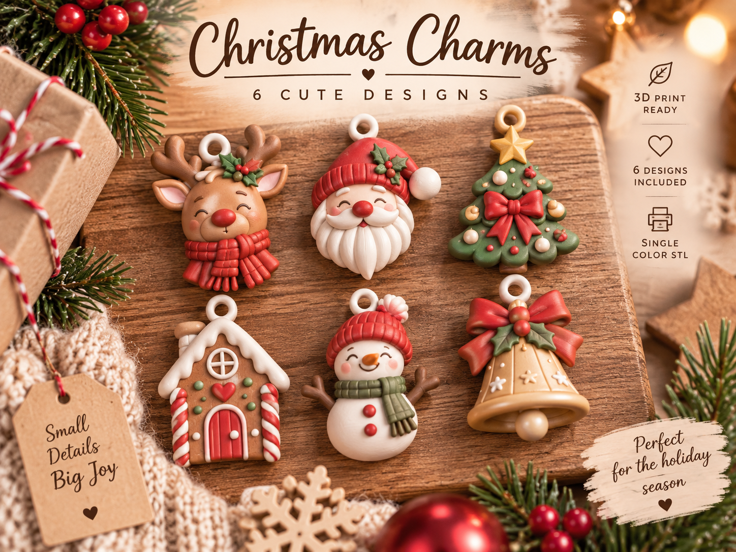 Christmas Charms Bundle STL – 6 Holiday 3D Print Ornament Files - Image 6