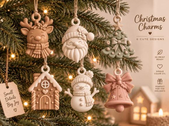 Christmas Charms Bundle STL – 6 Holiday 3D Print Ornament Files - Image 3