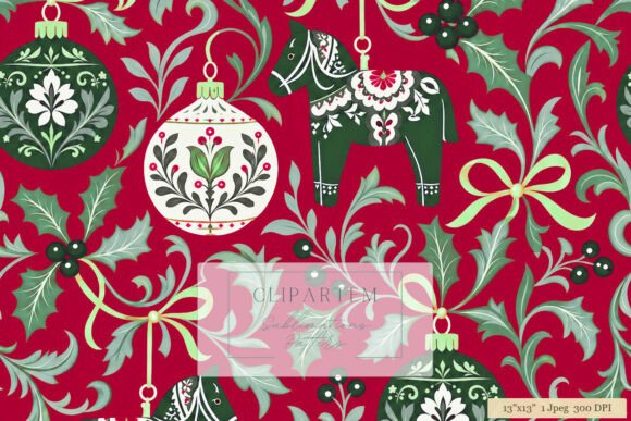 Christmas Dala Horse Floral Red Pattern